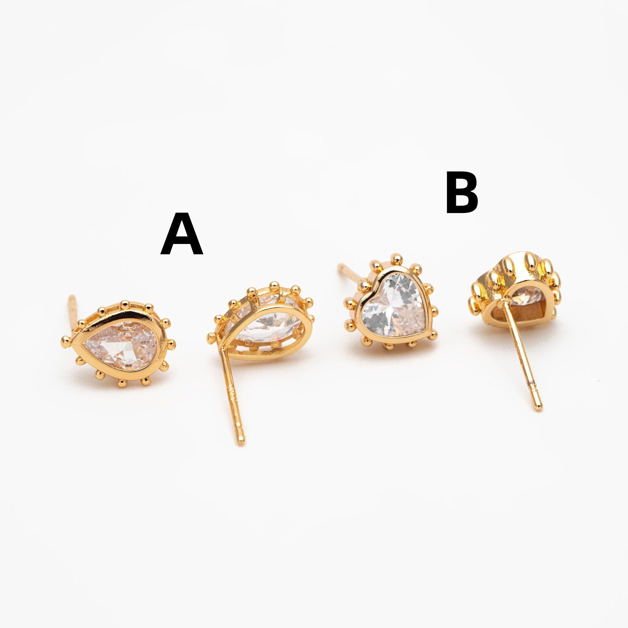 4pcs CZ Pave Gold Teardrop/ Heart/ Rectangle Earrings, 18K Gold Plated Brass, Dainty Geometric Stud Earrings (GB-4255)